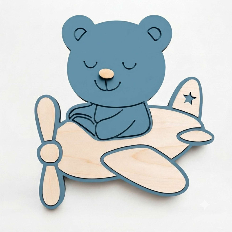 Original wooden LED lamp with an airplane and a teddy bear for a modern children's room
