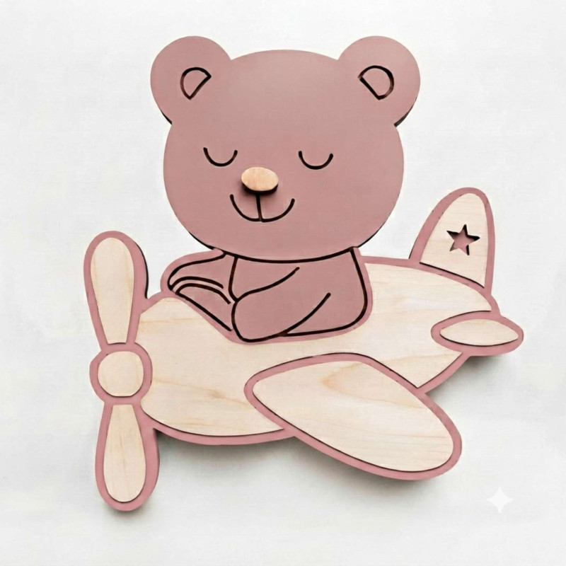 Original wooden LED lamp with an airplane and a teddy bear for a modern children's room