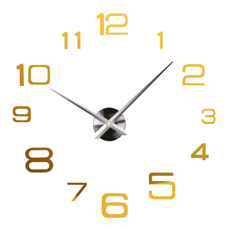 Stylish adhesive clock made of acrylic plexiglass with a silver mirror surface