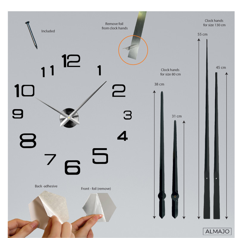 Stylish adhesive clock made of acrylic plexiglass with a silver mirror surface