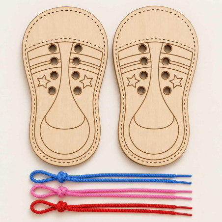 Montessori wooden shoe with lace holes for practicing tying shoes and developing children's skills.