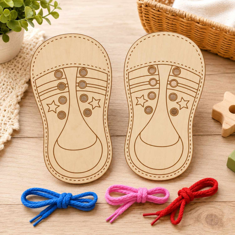 Wooden Montessori lace-up shoe for children - an educational tool for developing fine motor skills.