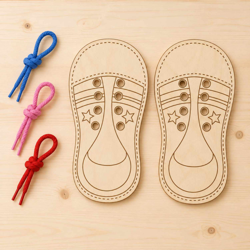 Montessori wooden shoe with lace holes for practicing tying shoes and developing children's skills.