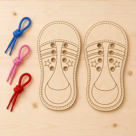 Montessori wooden shoe with lace holes for practicing tying shoes and developing children's skills.