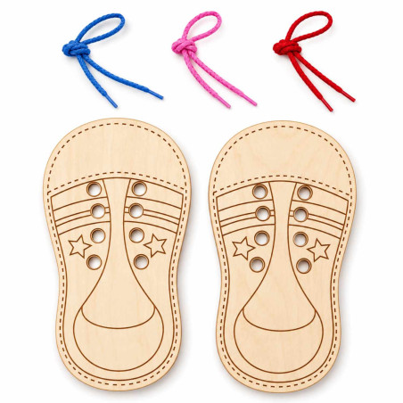 Montessori wooden shoe with lace holes for practicing tying shoes and developing children's skills.
