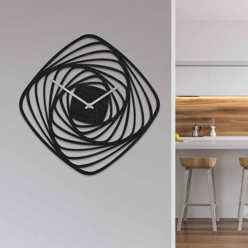 Designer wooden wall clock with an abstract spiral motif and a silent movement