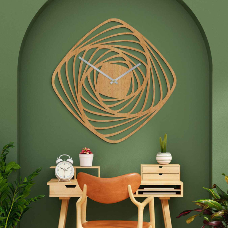 Designer wooden wall clock with an abstract spiral motif and a silent movement
