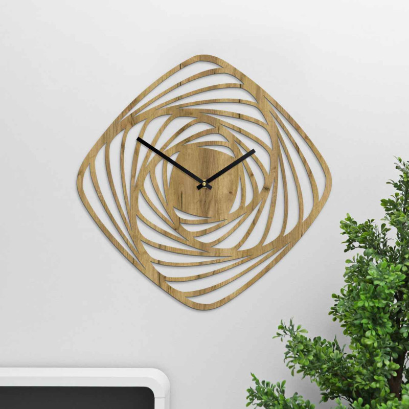 Designer wooden wall clock with an abstract spiral motif and a silent movement