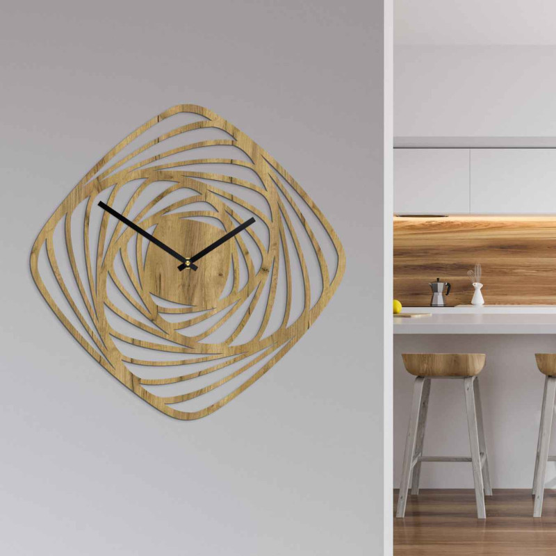 Designer wooden wall clock with an abstract spiral motif and a silent movement
