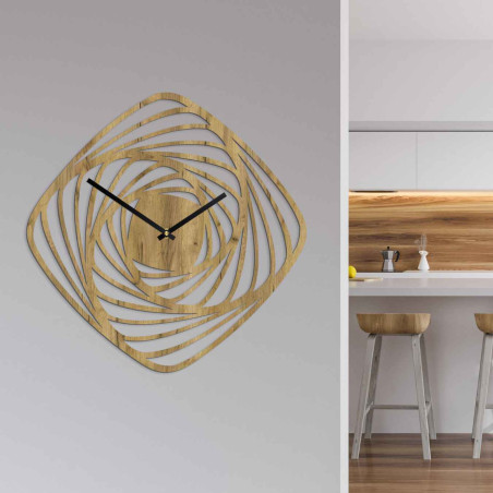 Designer wooden wall clock with an abstract spiral motif and a silent movement