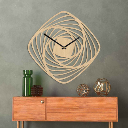 Designer wooden wall clock with an abstract spiral motif and a silent movement