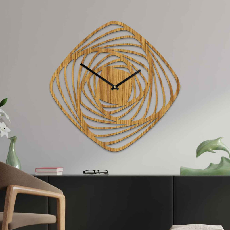 Designer wooden wall clock with an abstract spiral motif and a silent movement