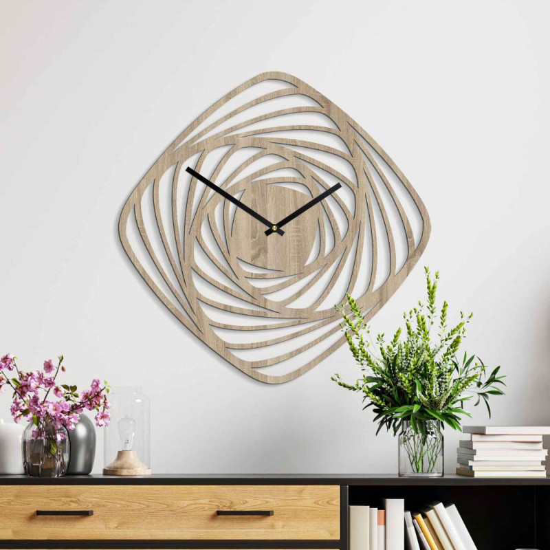Stylish wooden clock in golden oak decor with laser-cut geometric design.