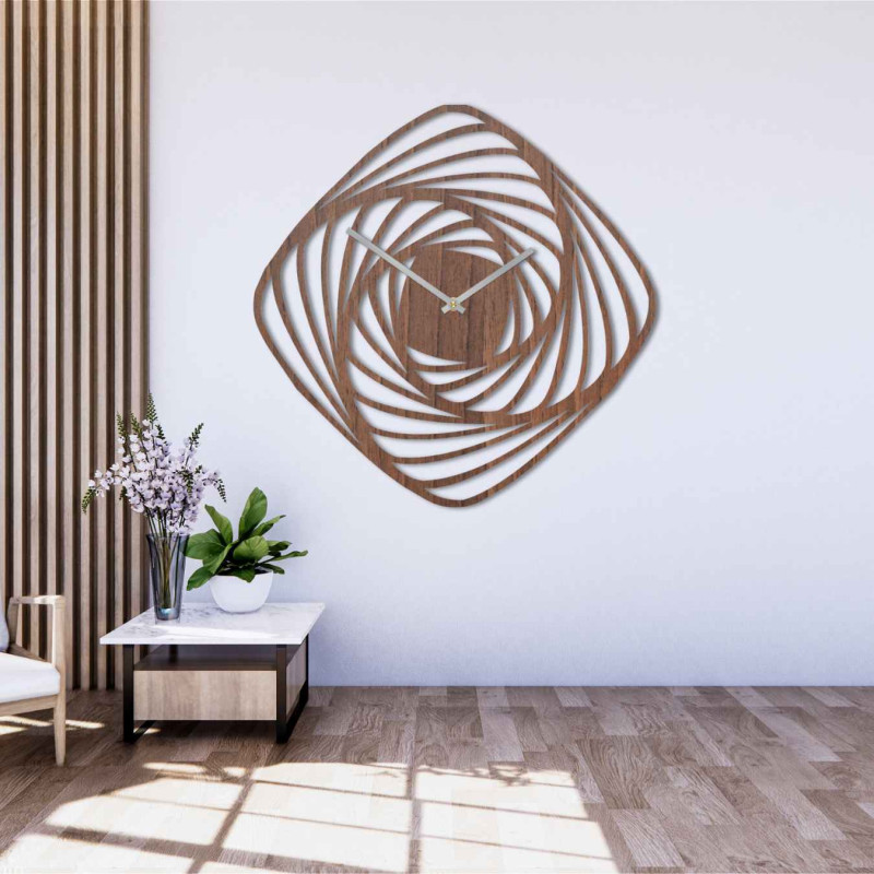 Modern wooden wall clock with a geometric spiral pattern in golden oak decor.