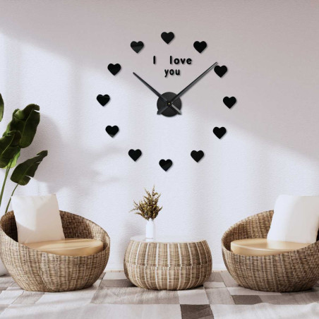Modern wall clock I Love You with black hearts