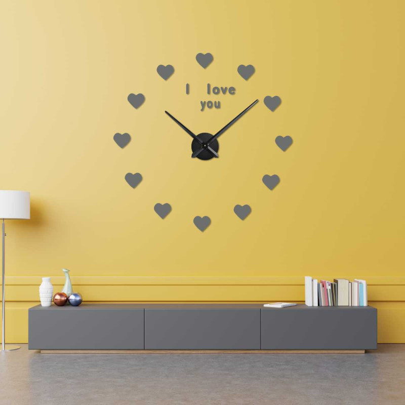 Modern wall clock I Love You with black hearts