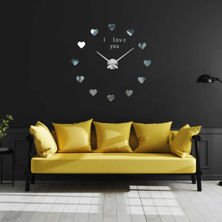 Modern wall clock I Love You with black hearts