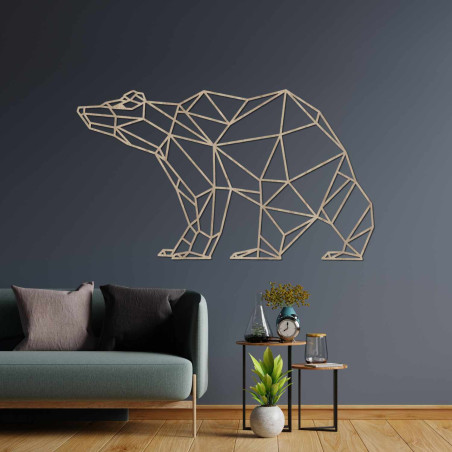 Laser-carved wooden image of a bear in a modern geometric style.