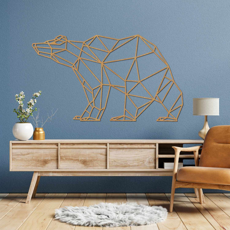 Laser-carved wooden image of a bear in a modern geometric style.