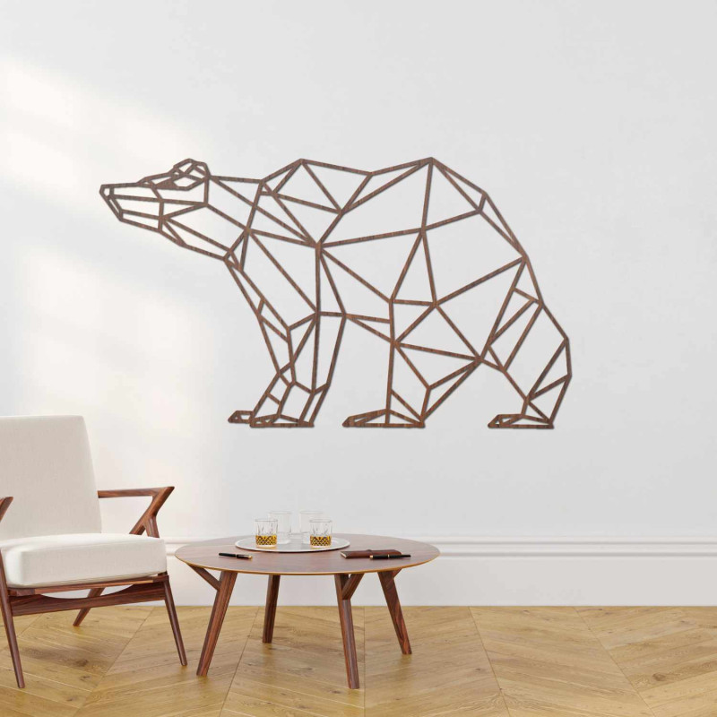 Laser-carved wooden image of a bear in a modern geometric style.