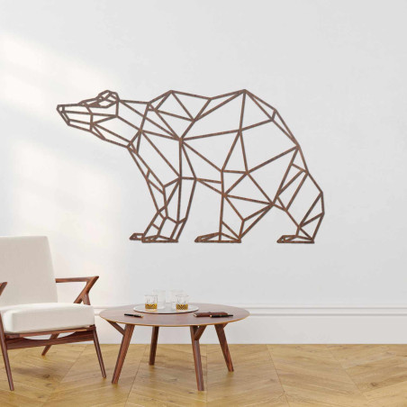 Laser-carved wooden image of a bear in a modern geometric style.