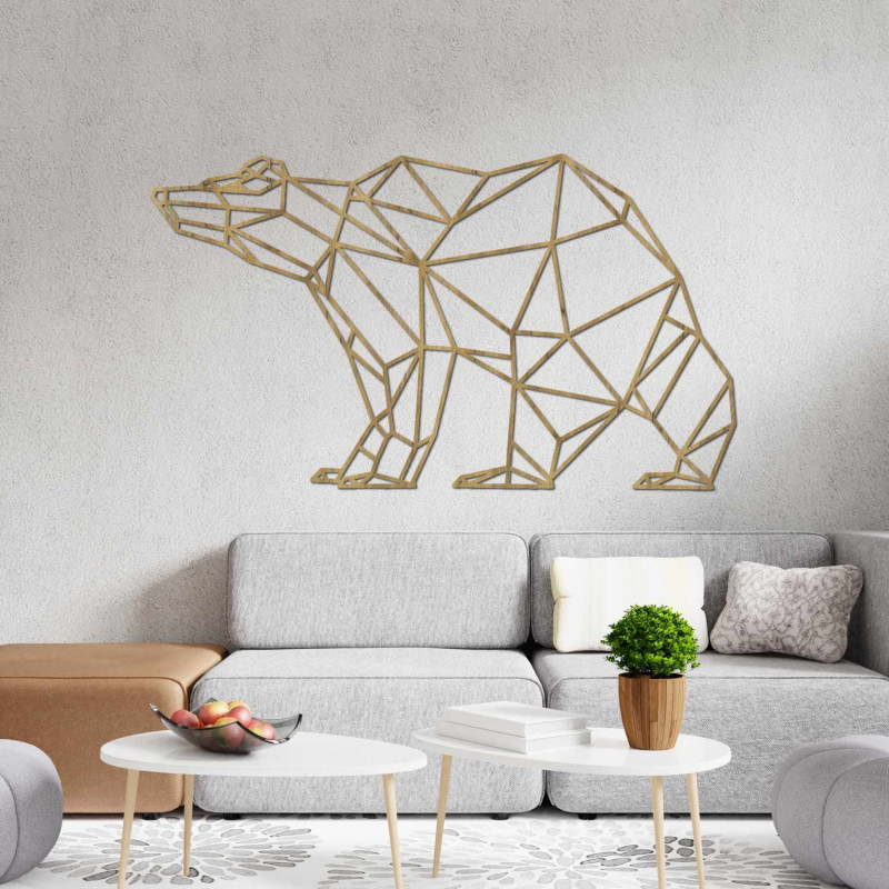 Laser-carved wooden image of a bear in a modern geometric style.
