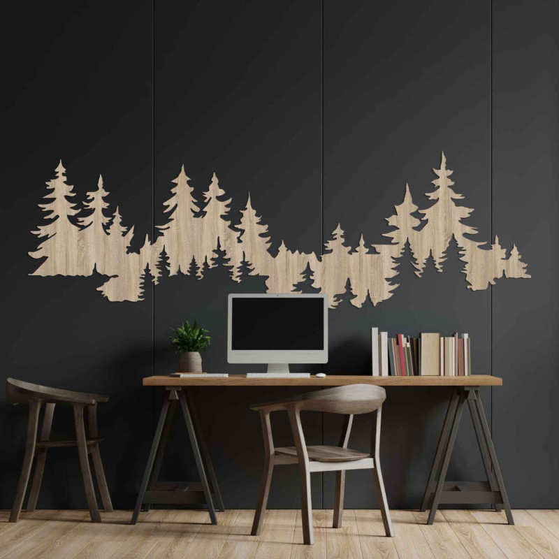Wood carving of a forest silhouette on the wall, natural decor for the room
