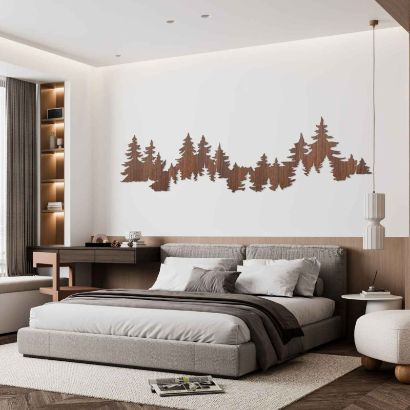 Wood carving of a forest silhouette on the wall, natural decor for the room