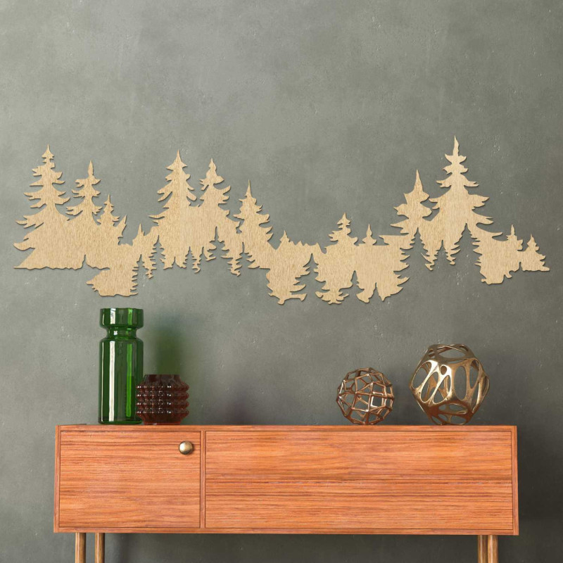 Carved wood carving of forest silhouette, amber wood, gift