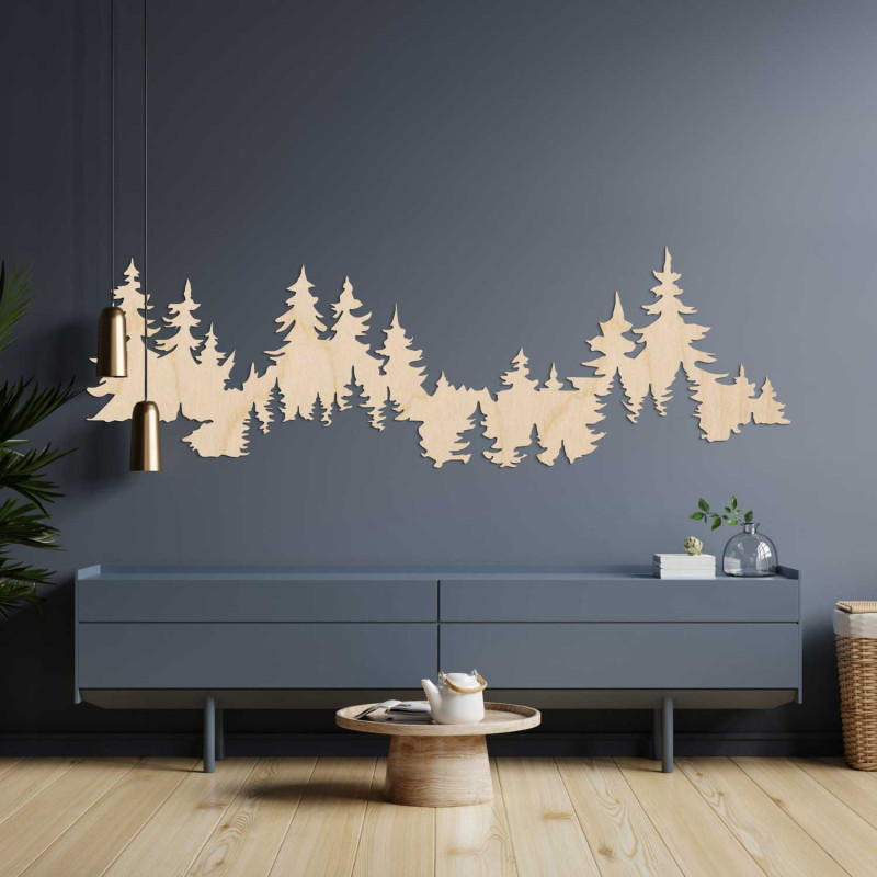 Carved wood carving of forest silhouette, amber wood, gift