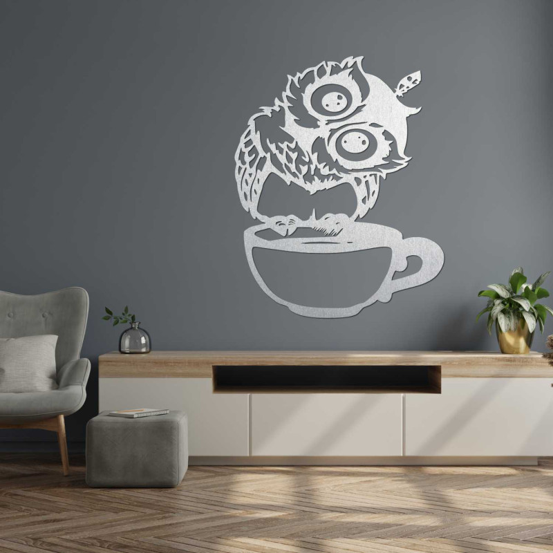 A cheerful wooden owl with coffee as a unique interior accessory