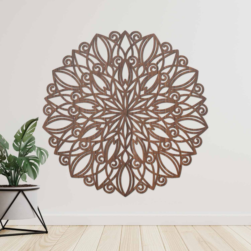 Round wooden mandala with a delicate ornament for both modern and boho interiors