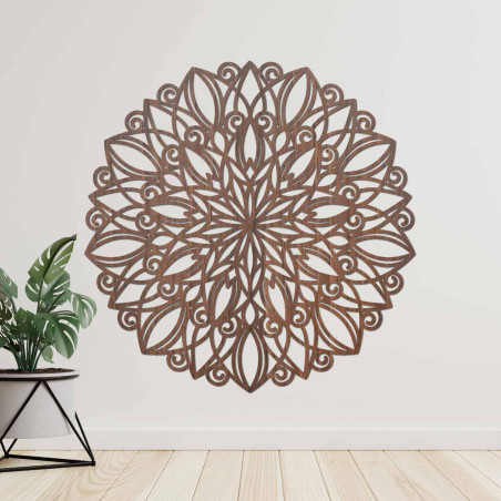 Round wooden mandala with a delicate ornament for both modern and boho interiors