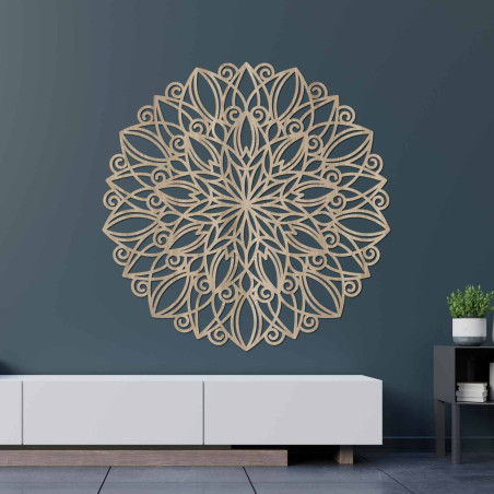Round wooden mandala with a delicate ornament for both modern and boho interiors