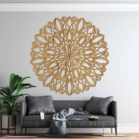Round wooden mandala with a delicate ornament for both modern and boho interiors