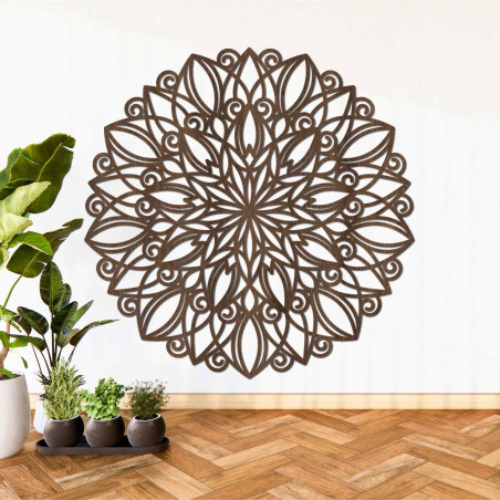 Round wooden mandala with a delicate ornament for both modern and boho interiors