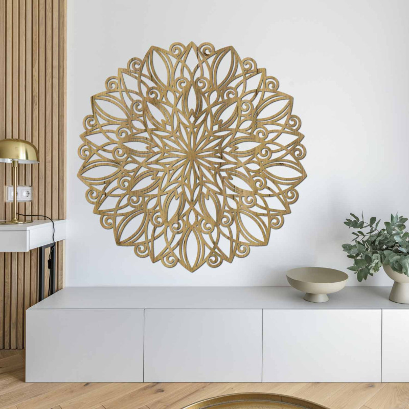 Round wooden mandala with a delicate ornament for both modern and boho interiors