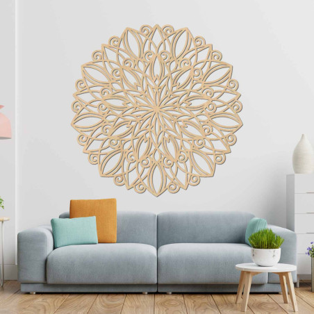 Round wooden mandala with a delicate ornament for both modern and boho interiors