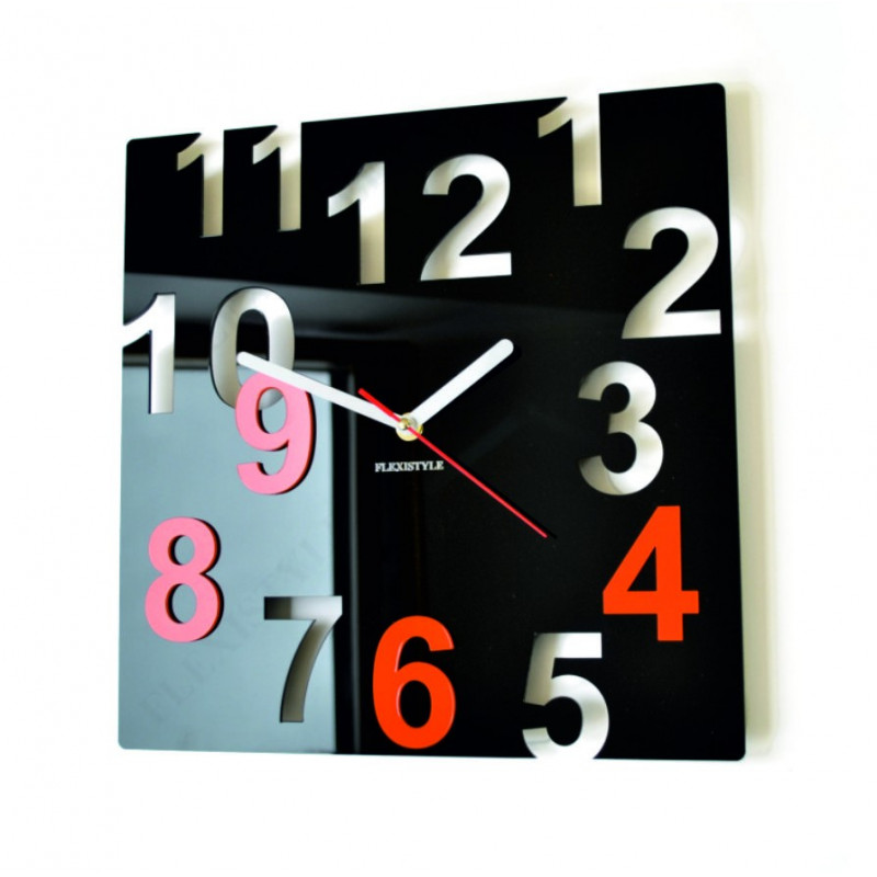 Modern wall clock made of plexiglass. Trendy clock on the wall as a gift. X-momo clocks. PMMA