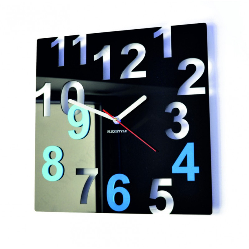 Modern wall clock made of plexiglass. Trendy clock on the wall as a gift. X-momo clocks. PMMA