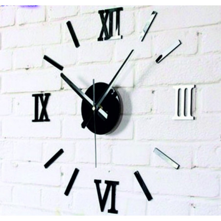 Modern adhesive wall clock with Roman numerals, mirrored.