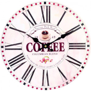 Wall clock made of wood, early coffee, MDF. Diameter 34 cm.