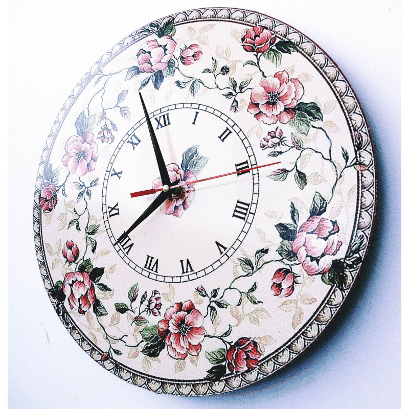 Modern wall clock, wooden wall clock, plywood, Roman wall clock with flower