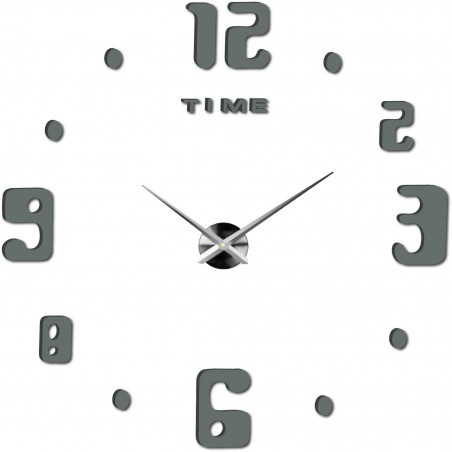 Clock with original, large numbers in different sizes and silver hands.