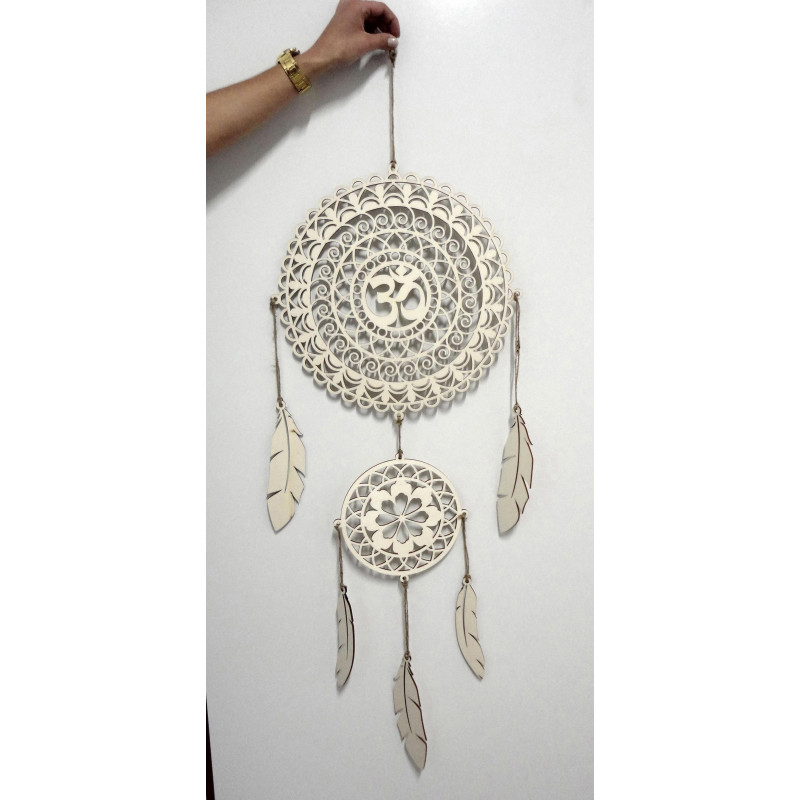 Wooden dream catcher OM mandala made of poplar plywood, handmade, wall decoration.