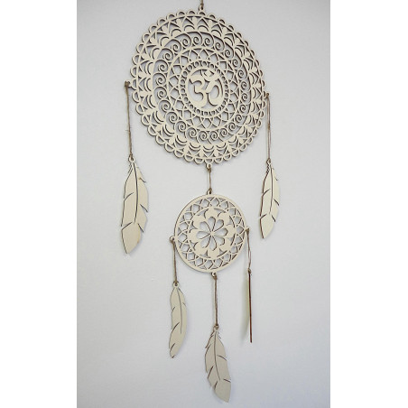 OM mandala dream catcher, natural wooden decor, hung on the wall, stylish boho decoration.