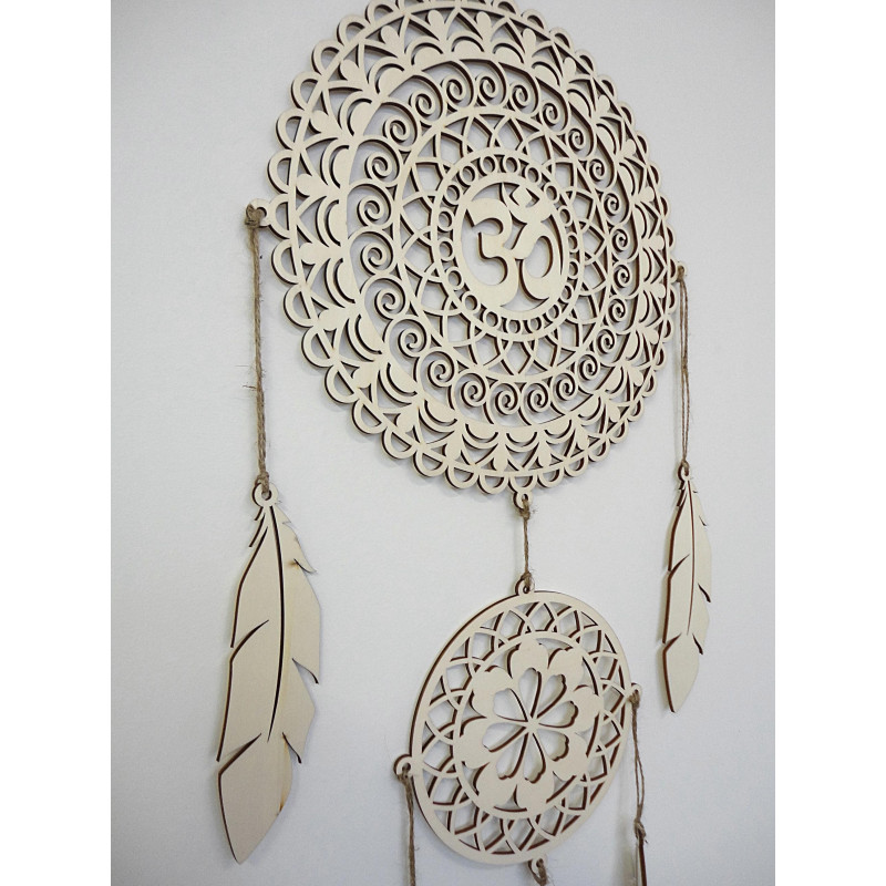 OM mandala dream catcher, natural wooden decor, hung on the wall, stylish boho decoration.