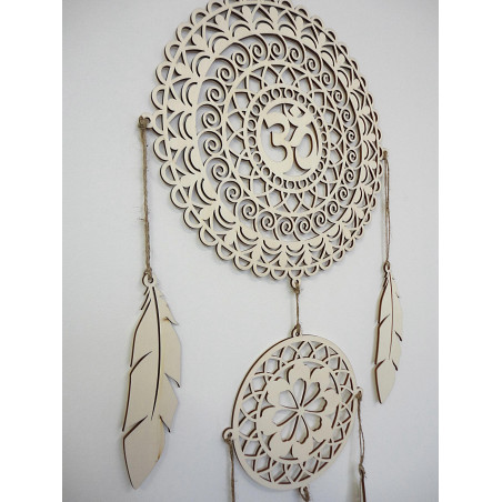 OM mandala dream catcher, natural wooden decor, hung on the wall, stylish boho decoration.