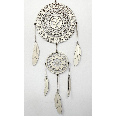 Spiritual dream catcher OM, wooden wall decoration, feathers made of poplar plywood, boho style.