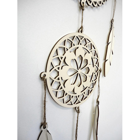 Boho decoration dream catcher made of wood, OM symbol, feathers made of poplar plywood, interior accessory.